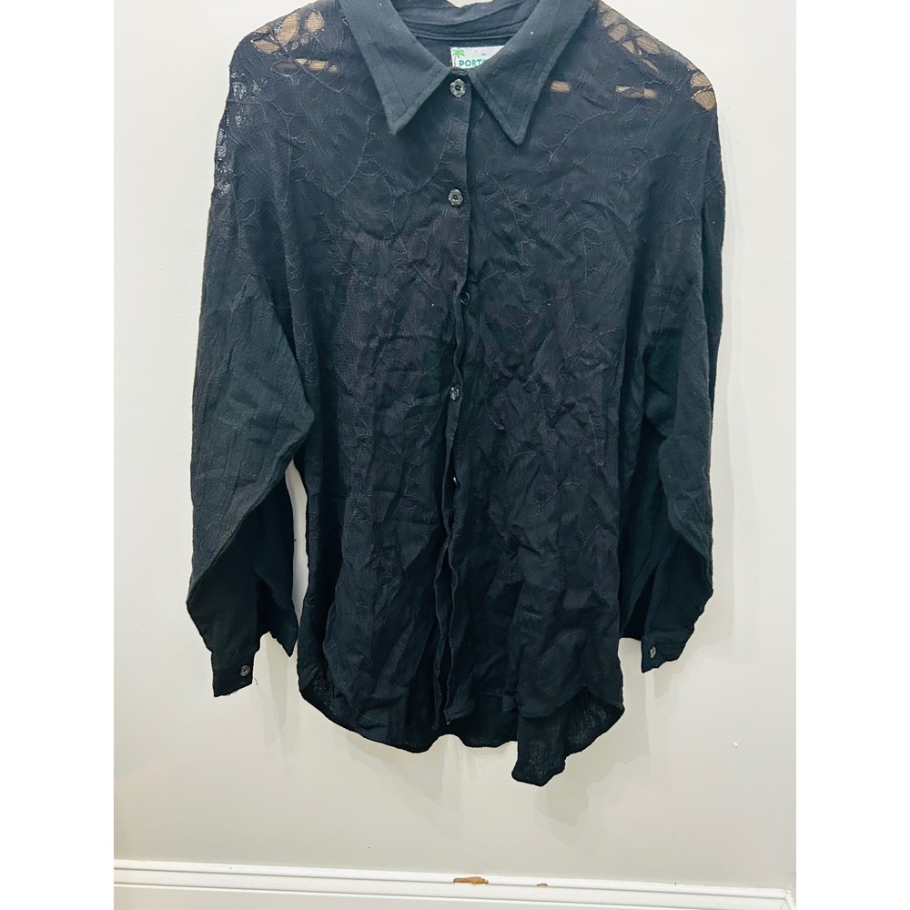 Porto Cruz Black Lace Sheer Button Up Long Sleeve Shirt Women's